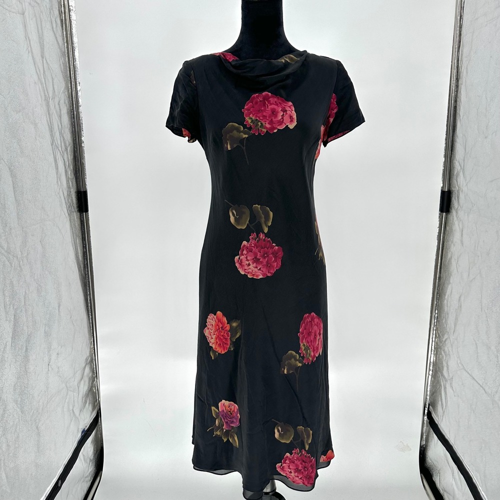 Vtg Talbots Floral Hydrangeas Black Cowl 100% Silk Midi Dress Party Cocktails 8